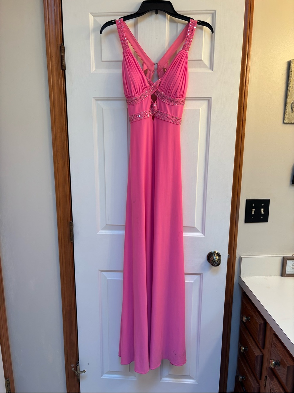 Y2K Morgan & Co. Hot Pink Sequin-Trim Beaded Maxi Dress